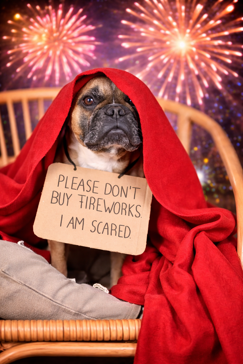 A scared dog reacting to New Year’s Eve fireworks, showing why pet parents should prepare dogs for loud celebrations and holiday stress.